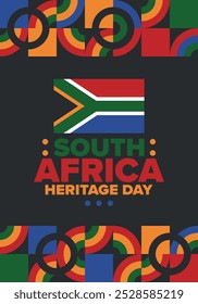 South Africa Heritage Day. Happy holiday. Celebrate culture and traditions of nation. South African flag. Poster with illustration. Pattern design. Vector