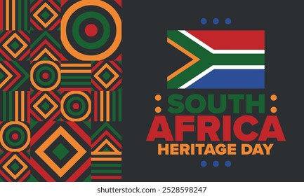 South Africa Heritage Day. Happy holiday. Celebrate culture and traditions of nation. South African flag. Poster with illustration. Pattern design. Vector