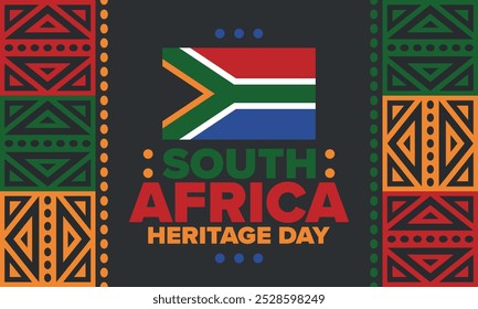 South Africa Heritage Day. Happy holiday. Celebrate culture and traditions of nation. South African flag. Poster with illustration. Pattern design. Vector