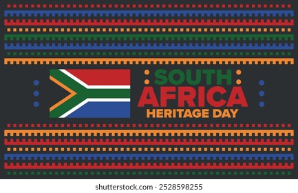 South Africa Heritage Day. Happy holiday. Celebrate culture and traditions of nation. South African flag. Poster with illustration. Pattern design. Vector