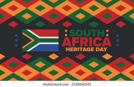 South Africa Heritage Day. Happy holiday. Celebrate culture and traditions of nation. South African flag. Poster with illustration. Pattern design. Vector