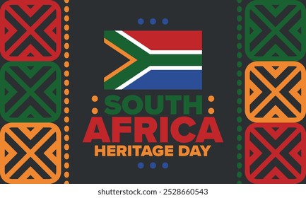 South Africa Heritage Day. Happy holiday. Celebrate culture and traditions of nation. South African flag. Poster with illustration. Pattern design. Vector