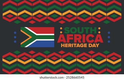 South Africa Heritage Day. Happy holiday. Celebrate culture and traditions of nation. South African flag. Poster with illustration. Pattern design. Vector