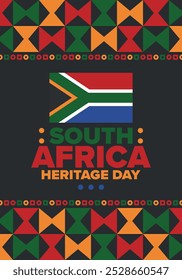 South Africa Heritage Day. Happy holiday. Celebrate culture and traditions of nation. South African flag. Poster with illustration. Pattern design. Vector