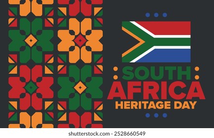 South Africa Heritage Day. Happy holiday. Celebrate culture and traditions of nation. South African flag. Poster with illustration. Pattern design. Vector