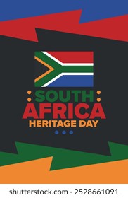 South Africa Heritage Day. Happy holiday. Celebrate culture and traditions of nation. South African flag. Poster with illustration. Pattern design. Vector