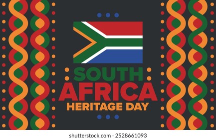 South Africa Heritage Day. Happy holiday. Celebrate culture and traditions of nation. South African flag. Poster with illustration. Pattern design. Vector