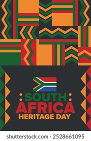 South Africa Heritage Day. Happy holiday. Celebrate culture and traditions of nation. South African flag. Poster with illustration. Pattern design. Vector