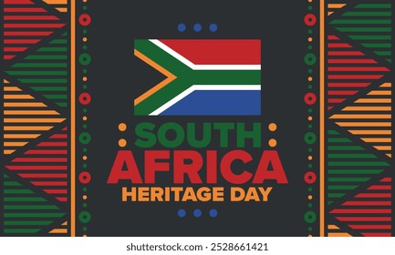 South Africa Heritage Day. Happy holiday. Celebrate culture and traditions of nation. South African flag. Poster with illustration. Pattern design. Vector