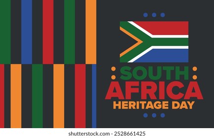 South Africa Heritage Day. Happy holiday. Celebrate culture and traditions of nation. South African flag. Poster with illustration. Pattern design. Vector