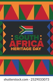 South Africa Heritage Day. Happy holiday. Celebrate culture and traditions of nation. South African flag. Poster with illustration. Pattern design. Vector