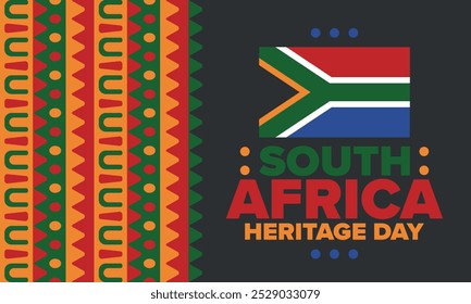 South Africa Heritage Day. Happy holiday. Celebrate culture and traditions of nation. South African flag. Poster with illustration. Pattern design. Vector