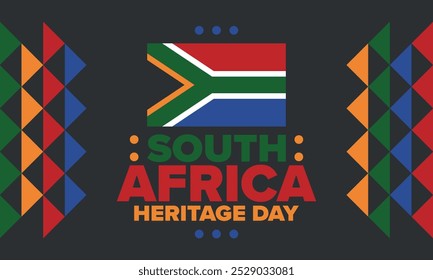 South Africa Heritage Day. Happy holiday. Celebrate culture and traditions of nation. South African flag. Poster with illustration. Pattern design. Vector