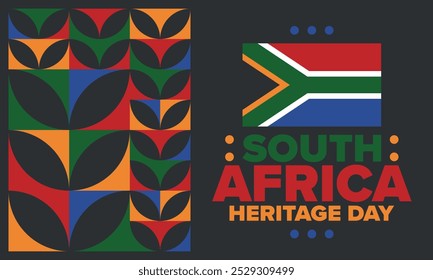 South Africa Heritage Day. Happy holiday. Celebrate culture and traditions of nation. South African flag. Poster with illustration. Pattern design. Vector