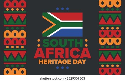 South Africa Heritage Day. Happy holiday. Celebrate culture and traditions of nation. South African flag. Poster with illustration. Pattern design. Vector