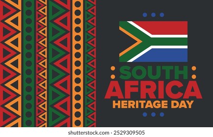 South Africa Heritage Day. Happy holiday. Celebrate culture and traditions of nation. South African flag. Poster with illustration. Pattern design. Vector