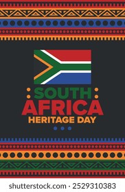 South Africa Heritage Day. Happy holiday. Celebrate culture and traditions of nation. South African flag. Poster with illustration. Pattern design. Vector