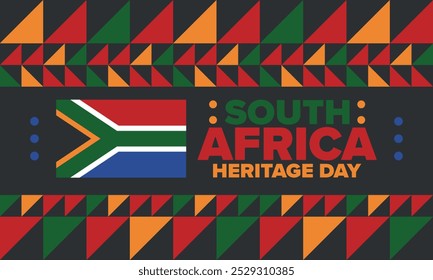 South Africa Heritage Day. Happy holiday. Celebrate culture and traditions of nation. South African flag. Poster with illustration. Pattern design. Vector