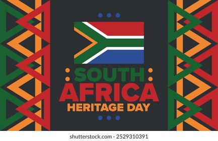 South Africa Heritage Day. Happy holiday. Celebrate culture and traditions of nation. South African flag. Poster with illustration. Pattern design. Vector