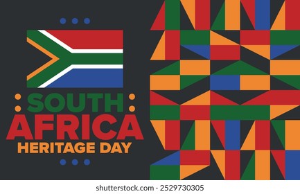 South Africa Heritage Day. Happy holiday. Celebrate culture and traditions of nation. South African flag. Poster with illustration. Pattern design. Vector