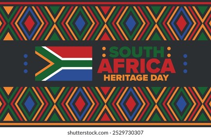 South Africa Heritage Day. Happy holiday. Celebrate culture and traditions of nation. South African flag. Poster with illustration. Pattern design. Vector