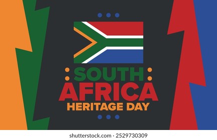 South Africa Heritage Day. Happy holiday. Celebrate culture and traditions of nation. South African flag. Poster with illustration. Pattern design. Vector