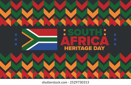 South Africa Heritage Day. Happy holiday. Celebrate culture and traditions of nation. South African flag. Poster with illustration. Pattern design. Vector