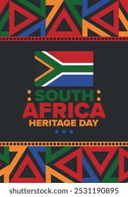 South Africa Heritage Day. Happy holiday. Celebrate culture and traditions of nation. South African flag. Poster with illustration. Pattern design. Vector