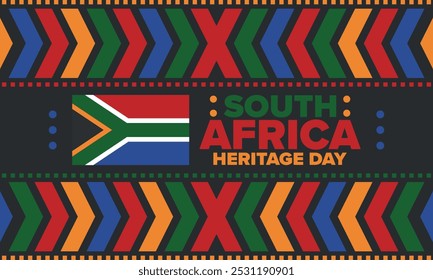 South Africa Heritage Day. Happy holiday. Celebrate culture and traditions of nation. South African flag. Poster with illustration. Pattern design. Vector