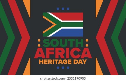 South Africa Heritage Day. Happy holiday. Celebrate culture and traditions of nation. South African flag. Poster with illustration. Pattern design. Vector