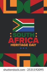 South Africa Heritage Day. Happy holiday. Celebrate culture and traditions of nation. South African flag. Poster with illustration. Pattern design. Vector