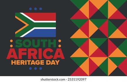 South Africa Heritage Day. Happy holiday. Celebrate culture and traditions of nation. South African flag. Poster with illustration. Pattern design. Vector