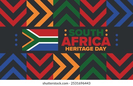 South Africa Heritage Day. Happy holiday. Celebrate culture and traditions of nation. South African flag. Poster with illustration. Pattern design. Vector