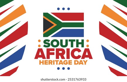 South Africa Heritage Day. Happy holiday. Celebrate culture and traditions of nation. South African flag. Poster with illustration. Pattern design. Vector