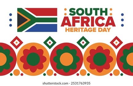 South Africa Heritage Day. Happy holiday. Celebrate culture and traditions of nation. South African flag. Poster with illustration. Pattern design. Vector