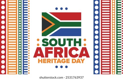 South Africa Heritage Day. Happy holiday. Celebrate culture and traditions of nation. South African flag. Poster with illustration. Pattern design. Vector