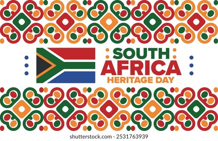 South Africa Heritage Day. Happy holiday. Celebrate culture and traditions of nation. South African flag. Poster with illustration. Pattern design. Vector