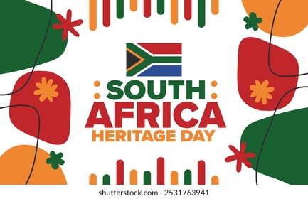 South Africa Heritage Day. Happy holiday. Celebrate culture and traditions of nation. South African flag. Poster with illustration. Pattern design. Vector