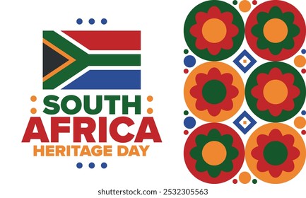 South Africa Heritage Day. Happy holiday. Celebrate culture and traditions of nation. South African flag. Poster with illustration. Pattern design. Vector