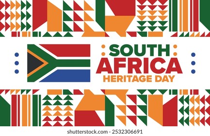 South Africa Heritage Day. Happy holiday. Celebrate culture and traditions of nation. South African flag. Poster with illustration. Pattern design. Vector