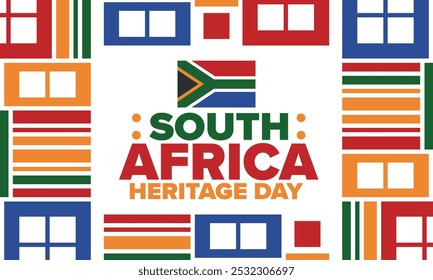 South Africa Heritage Day. Happy holiday. Celebrate culture and traditions of nation. South African flag. Poster with illustration. Pattern design. Vector