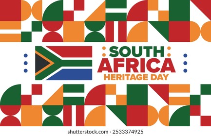 South Africa Heritage Day. Happy holiday. Celebrate culture and traditions of nation. South African flag. Poster with illustration. Pattern design. Vector