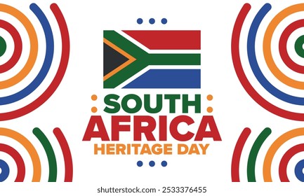 South Africa Heritage Day. Happy holiday. Celebrate culture and traditions of nation. South African flag. Poster with illustration. Pattern design. Vector