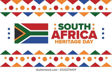 South Africa Heritage Day. Happy holiday. Celebrate culture and traditions of nation. South African flag. Poster with illustration. Pattern design. Vector