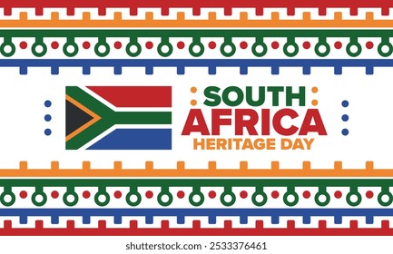 South Africa Heritage Day. Happy holiday. Celebrate culture and traditions of nation. South African flag. Poster with illustration. Pattern design. Vector