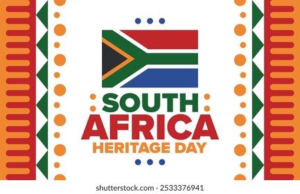 South Africa Heritage Day. Happy holiday. Celebrate culture and traditions of nation. South African flag. Poster with illustration. Pattern design. Vector