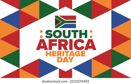 South Africa Heritage Day. Happy holiday. Celebrate culture and traditions of nation. South African flag. Poster with illustration. Pattern design. Vector