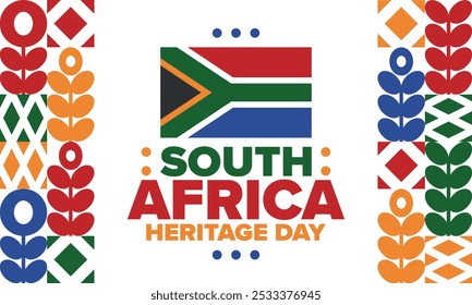 South Africa Heritage Day. Happy holiday. Celebrate culture and traditions of nation. South African flag. Poster with illustration. Pattern design. Vector