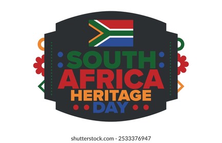 South Africa Heritage Day. Happy holiday. Celebrate culture and traditions of nation. South African flag. Poster with illustration. Pattern design. Vector