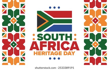 South Africa Heritage Day. Happy holiday. Celebrate culture and traditions of nation. South African flag. Poster with illustration. Pattern design. Vector